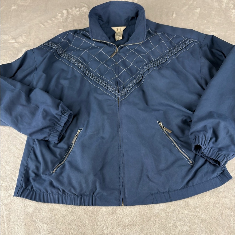Vintage 80s 90s Teddi Women’s Blue Cropped Jacket Size L Quilted Chain Detail - Picture 3 of 9